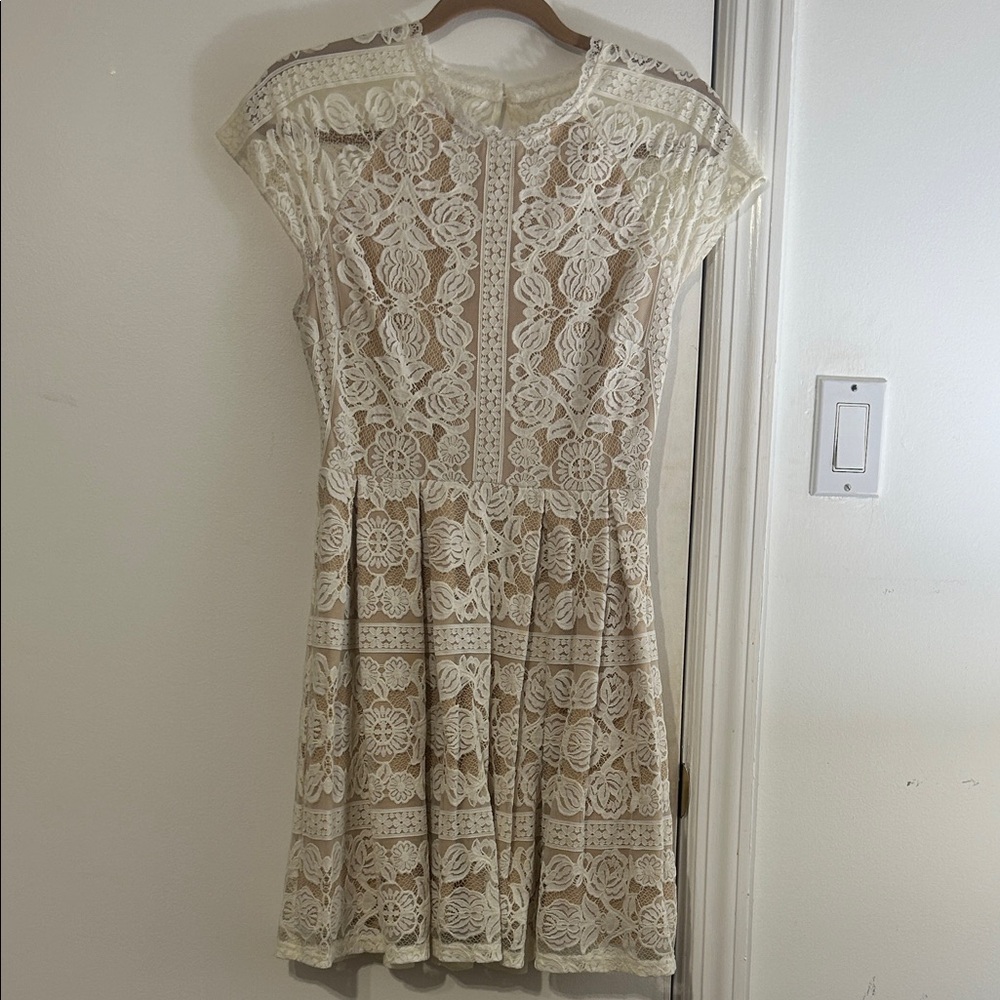 Francesca’s Ivory Lace Cap-Sleeve Mini Dress